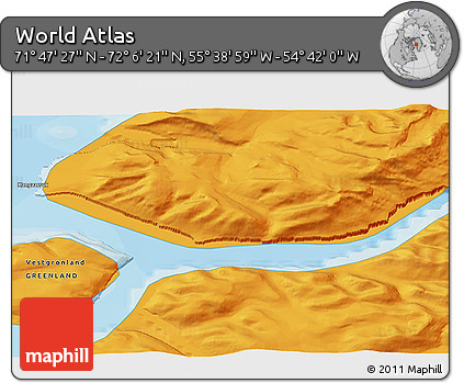 Political 3D Map of the Area around 71° 56' 54" N, 55° 10' 29" W