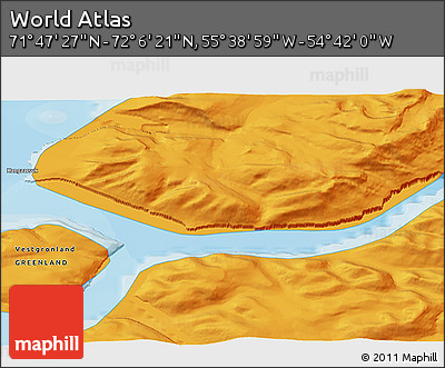 Political 3D Map of the Area around 71° 56' 54" N, 55° 10' 29" W
