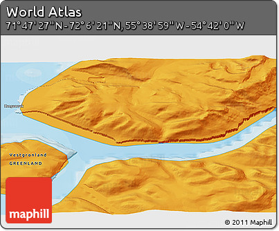 Political 3D Map of the Area around 71° 56' 54" N, 55° 10' 29" W