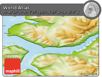Physical Map of the Area around 71° 56' 54" N, 55° 10' 29" W