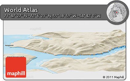 Shaded Relief Panoramic Map of the Area around 71° 56' 54" N, 55° 10' 29" W
