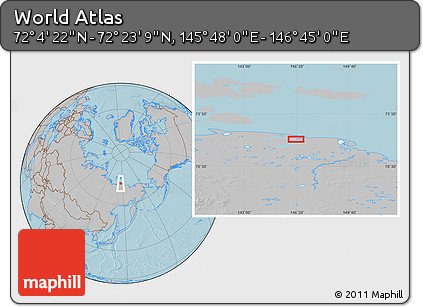 Gray Location Map of the Area around 72° 13' 45" N, 146° 16' 30" E, hill shading