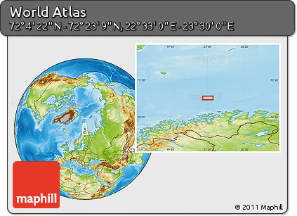 Physical Location Map of the Area around 72° 13' 45" N, 23° 1' 29" E