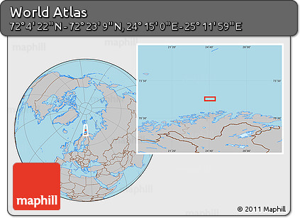Gray Location Map of the Area around 72° 13' 45" N, 24° 43' 30" E