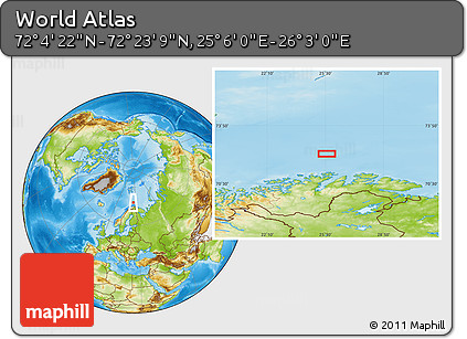 Physical Location Map of the Area around 72° 13' 45" N, 25° 34' 30" E