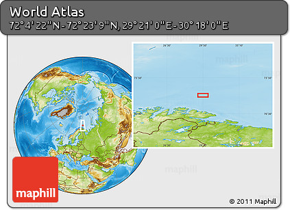 Physical Location Map of the Area around 72° 13' 45" N, 29° 49' 30" E