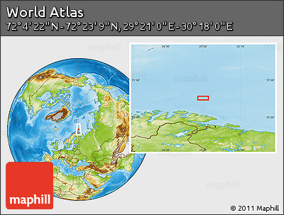 Physical Location Map of the Area around 72° 13' 45" N, 29° 49' 30" E