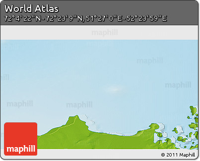 Physical 3D Map of the Area around 72° 13' 45" N, 51° 55' 29" E