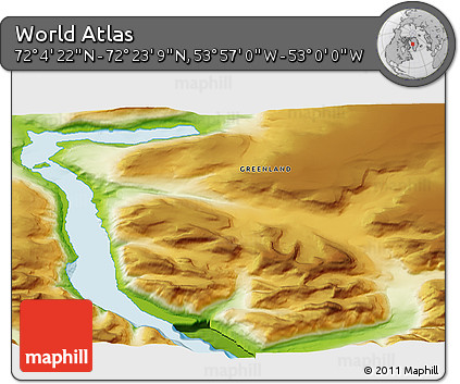 Physical 3D Map of the Area around 72° 13' 45" N, 53° 28' 30" W