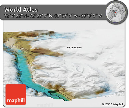 Satellite 3D Map of the Area around 72° 13' 45" N, 53° 28' 30" W