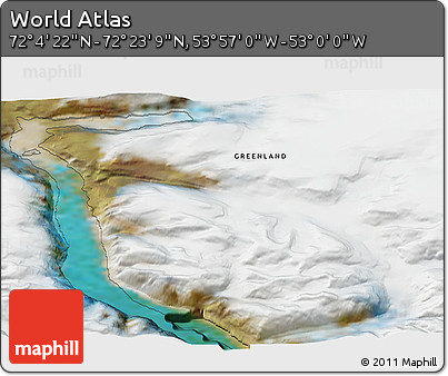 Satellite 3D Map of the Area around 72° 13' 45" N, 53° 28' 30" W