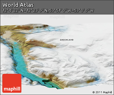 Satellite 3D Map of the Area around 72° 13' 45" N, 53° 28' 30" W