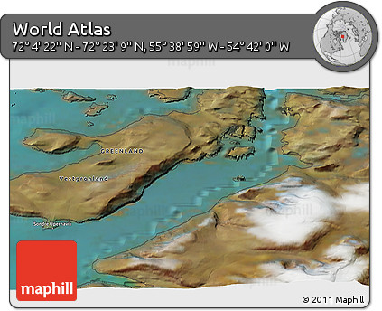 Satellite 3D Map of the Area around 72° 13' 45" N, 55° 10' 29" W