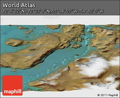 Satellite 3D Map of the Area around 72° 13' 45" N, 55° 10' 29" W