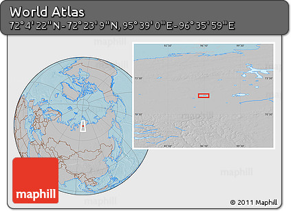 Gray Location Map of the Area around 72° 13' 45" N, 96° 7' 30" E, hill shading