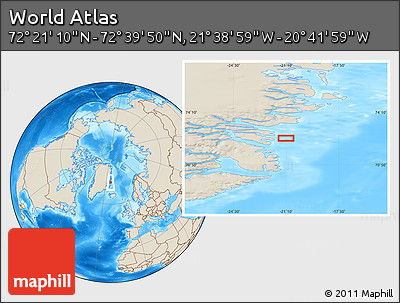 Shaded Relief Location Map of the Area around 72° 30' 30" N, 21° 10' 29" W