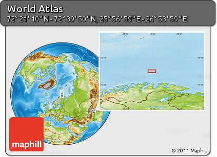 Physical Location Map of the Area around 72° 30' 30" N, 26° 25' 29" E
