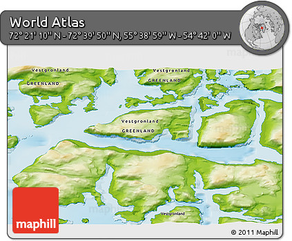 Physical 3D Map of the Area around 72° 30' 30" N, 55° 10' 29" W
