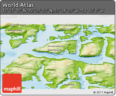 Physical 3D Map of the Area around 72° 30' 30" N, 55° 10' 29" W