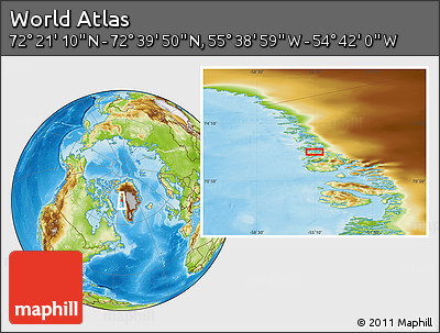 Physical Location Map of the Area around 72° 30' 30" N, 55° 10' 29" W