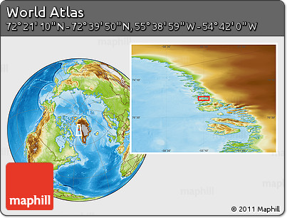 Physical Location Map of the Area around 72° 30' 30" N, 55° 10' 29" W