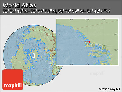 Savanna Style Location Map of the Area around 72° 30' 30" N, 55° 10' 29" W, hill shading