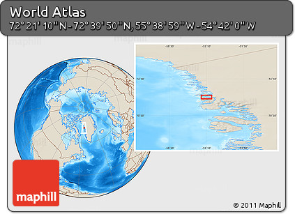 Shaded Relief Location Map of the Area around 72° 30' 30" N, 55° 10' 29" W