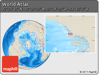 Shaded Relief Location Map of the Area around 72° 30' 30" N, 55° 10' 29" W