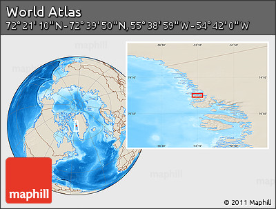 Shaded Relief Location Map of the Area around 72° 30' 30" N, 55° 10' 29" W