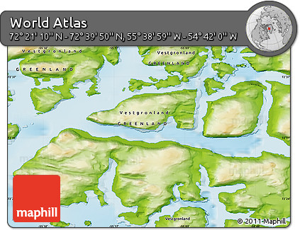 Physical Map of the Area around 72° 30' 30" N, 55° 10' 29" W