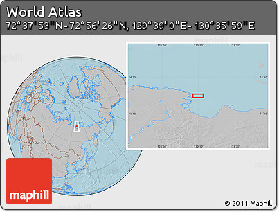 Gray Location Map of the Area around 72° 47' 9" N, 130° 7' 30" E, hill shading