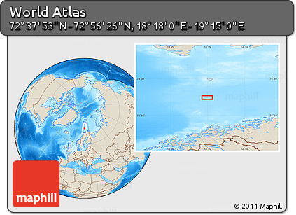 Shaded Relief Location Map of the Area around 72° 47' 9" N, 18° 46' 29" E