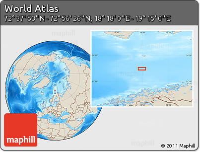 Shaded Relief Location Map of the Area around 72° 47' 9" N, 18° 46' 29" E
