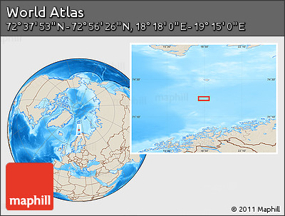Shaded Relief Location Map of the Area around 72° 47' 9" N, 18° 46' 29" E