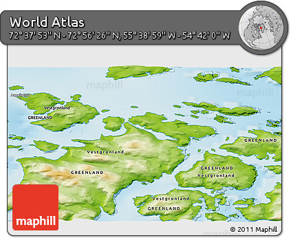 Physical 3D Map of the Area around 72° 47' 9" N, 55° 10' 29" W
