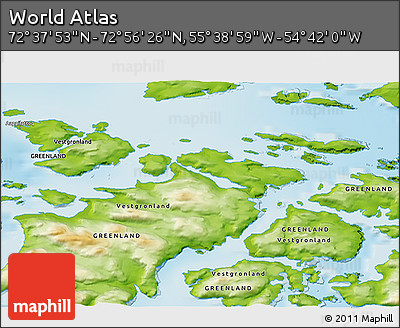 Physical 3D Map of the Area around 72° 47' 9" N, 55° 10' 29" W