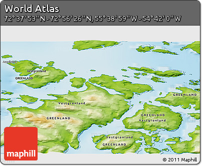 Physical 3D Map of the Area around 72° 47' 9" N, 55° 10' 29" W