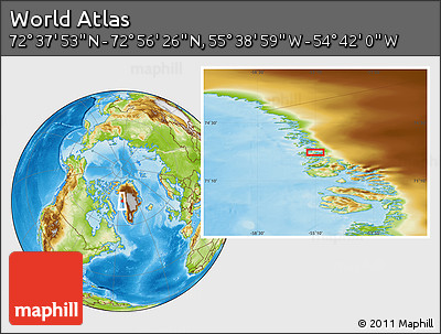 Physical Location Map of the Area around 72° 47' 9" N, 55° 10' 29" W