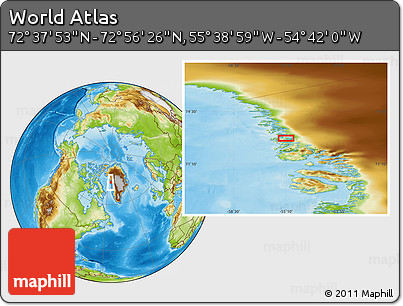Physical Location Map of the Area around 72° 47' 9" N, 55° 10' 29" W