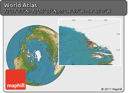 Satellite Location Map of the Area around 72° 47' 9" N, 55° 10' 29" W