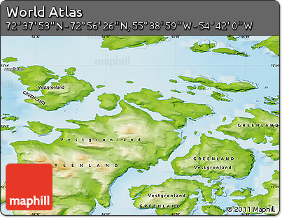 Physical Map of the Area around 72° 47' 9" N, 55° 10' 29" W