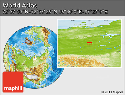 Physical Location Map of the Area around 72° 47' 9" N, 96° 58' 29" E