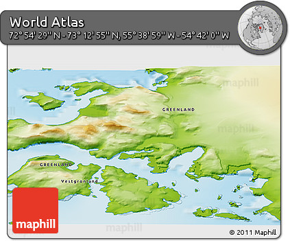Physical 3D Map of the Area around 73° 3' 42" N, 55° 10' 29" W