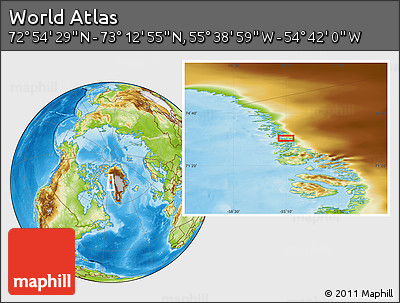 Physical Location Map of the Area around 73° 3' 42" N, 55° 10' 29" W