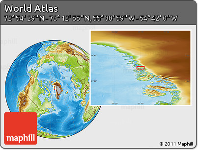 Physical Location Map of the Area around 73° 3' 42" N, 55° 10' 29" W