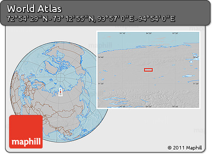 Gray Location Map of the Area around 73° 3' 42" N, 94° 25' 30" E, hill shading