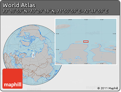 Gray Location Map of the Area around 73° 20' 8" N, 72° 19' 29" E, hill shading