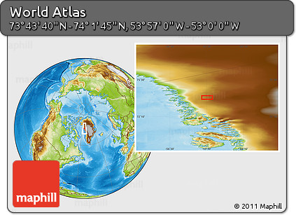 Physical Location Map of the Area around 73° 52' 43" N, 53° 28' 30" W
