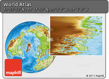 Physical Location Map of the Area around 74° 8' 51" N, 24° 34' 30" W