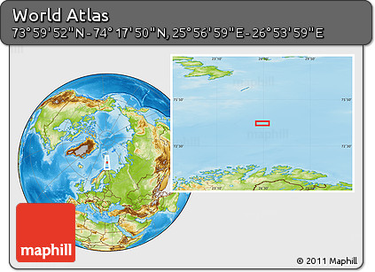 Physical Location Map of the Area around 74° 8' 51" N, 26° 25' 29" E